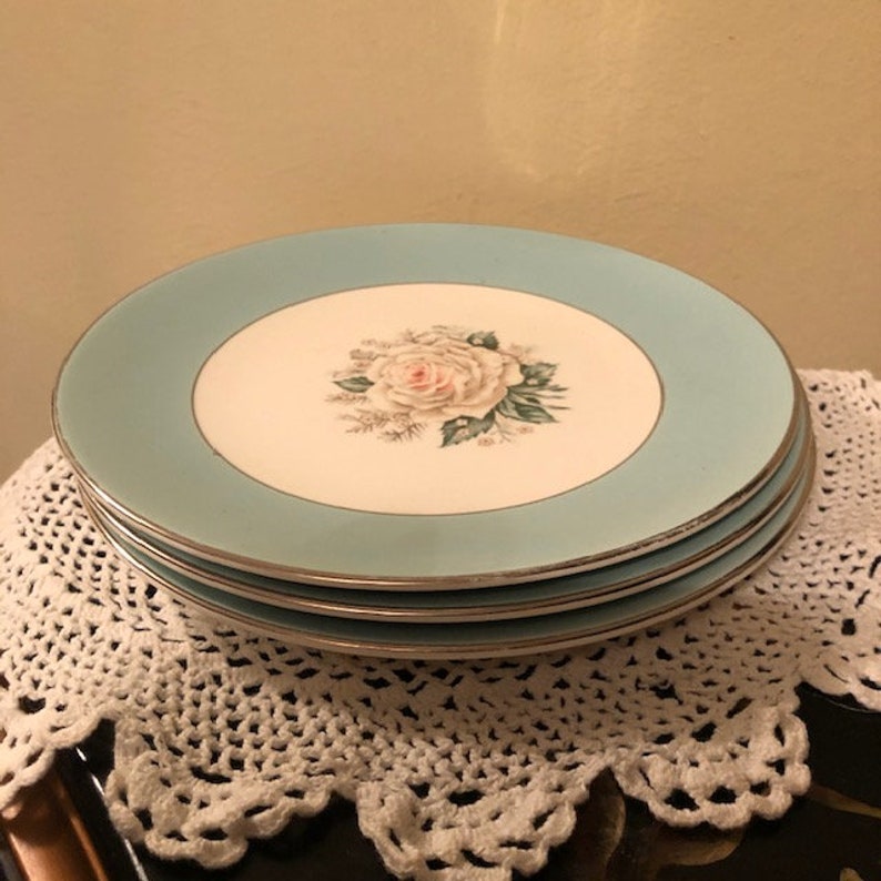 Set of 3 Vintage Baroness Century Service Salad Plates Pink White Rose Aqua Blue Border Free Shipping Dish Replacements Luncheon image 3