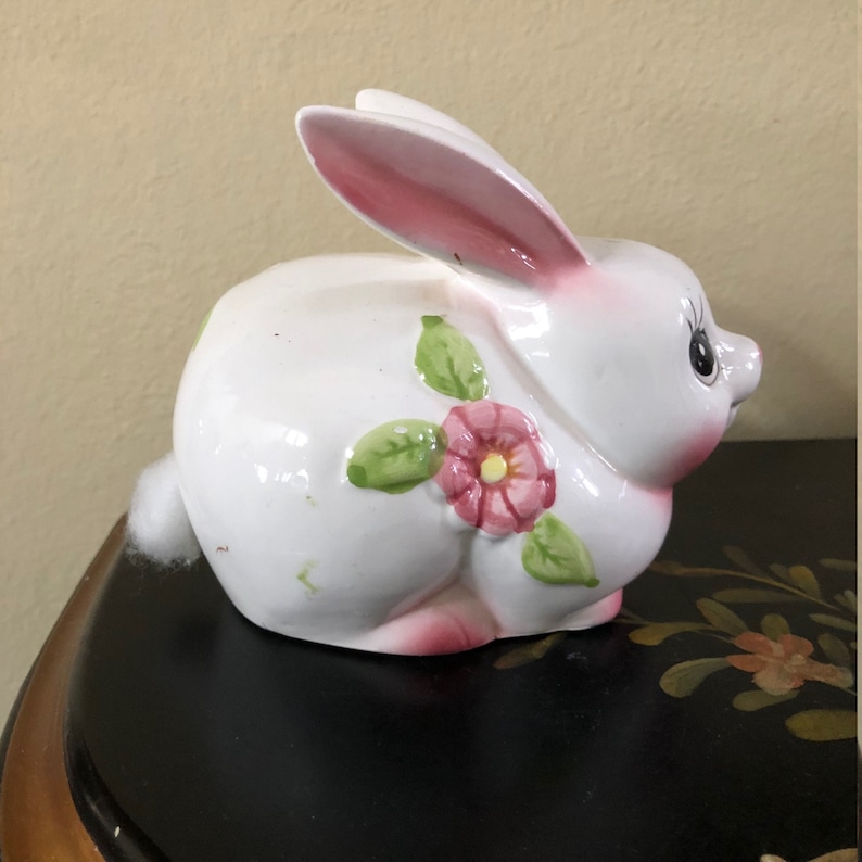 Ceramic White Cute Bunny Figurine Rabbit Cotton Ball Holder with Pink Flowers Free Shipping