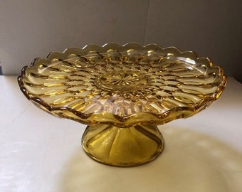 Vintage Amber Glass Round Pedestal Cake Stand Free Shipping Design MCM Home Kitchen Decor