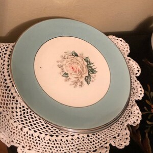 Set of 3 Vintage Baroness Century Service Salad Plates Pink White Rose Aqua Blue Border Free Shipping Dish Replacements Luncheon image 2