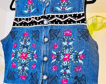 Gordon James Denim Co Vintage Embroidered Floral Jean Vest