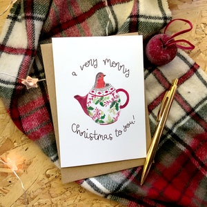 Teapot Robin Christmas Card // A Very Merry Christmas To You // Little Robin Red Breast Greetings Card // Aquarelle Cartes de Noël