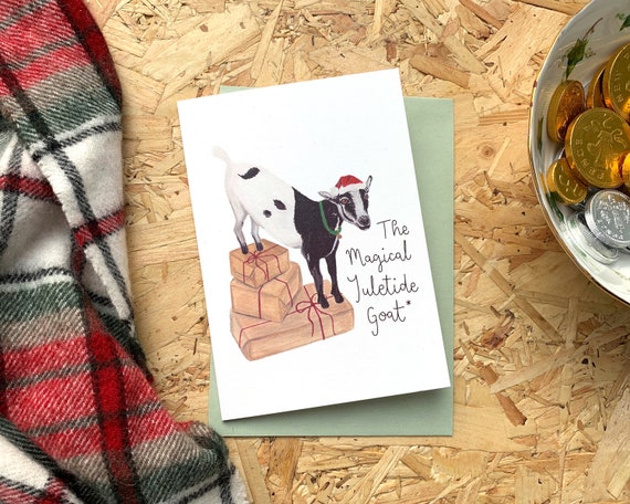 The Magical Yuletide Goat Christmas Card // Illustrated Christmas Card // Festive Animal Greetings Cards