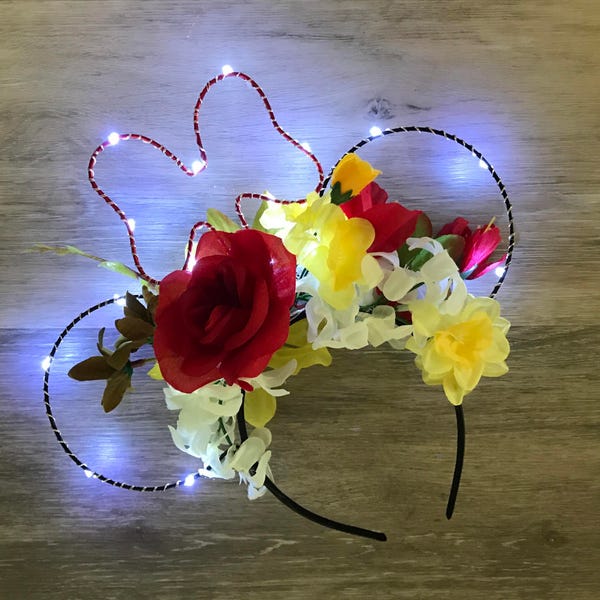 READY to SHIP REVERSIBLE* Red Whie Yellow with bow  with 20 Led fairy lights and mouse ears park minnie