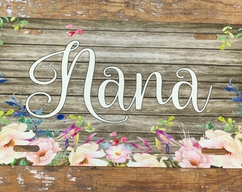 Personalized Nana License Plate, Floral Wood Car Tag