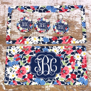 Monogram License plate, blue floral, monogram car tag, personalized, frame, keychain, coaster