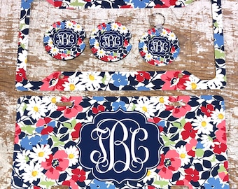 Monogram License plate, blue floral, monogram car tag, personalized, frame, keychain, coaster