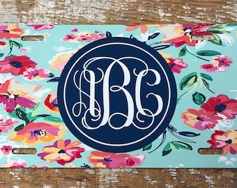 Floral Monogram License Plate, Personalized Car Tag