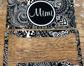 Personalized Mimi License Plate, Black & White Paisley Car Tag