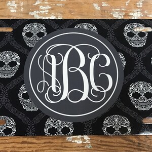 Skull License plate, skull car tag, personalized momogram, black and white