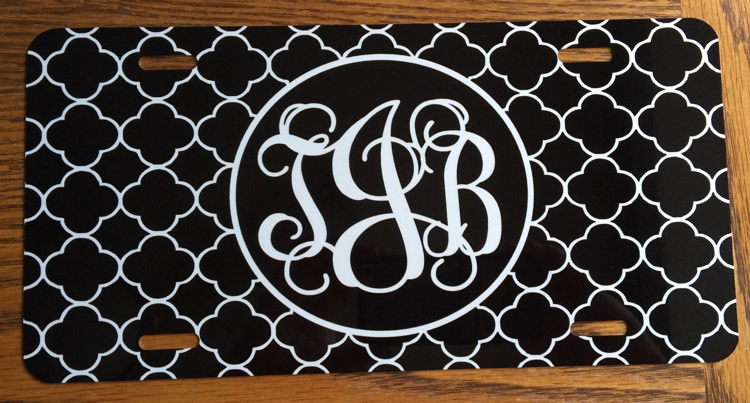 Monogrammed license plate black white quatrefoil Personalized Etsy