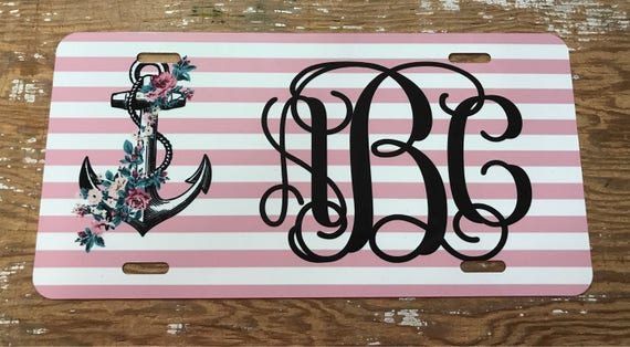 Monogram License Plate Anchor Pink Stripes Personalized Car Tag New