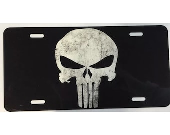 Punisher License plate, car tag, white distressed punisher, skull car tag