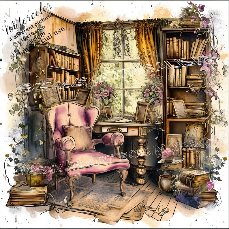 Enchanted Reading Nook Clipart Bundle 4 High Quality Watercolor Jpgs ...