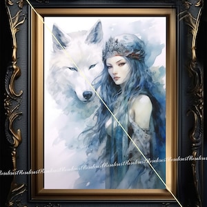 Skadi watercolor Norse mythology digital download Norse winter goddess with white wolf goddess of mountains