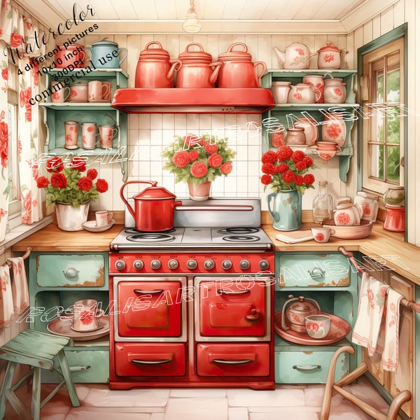 Shabby Chic Red Retro Kitchen 4 High Quality Watercolor Clipart Bundle JPGs Digital Download Commercial Use Scrapbooking Decoupage Art