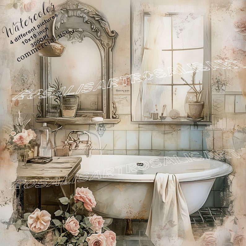 Shabby Chic Bathroom Clipart Bundle 4 High Quality Watercolor Jpgs ...
