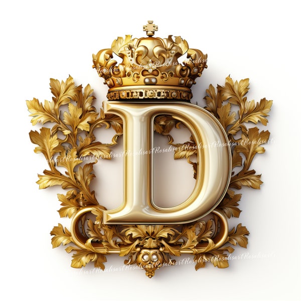 Gold Letter D with Crown on White Background Digital Download Alphabet Initials Monogram Commercial Use