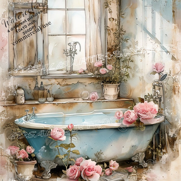 Shabby Chic Bathroom Clipart Bundle 4 High Quality Watercolor JPGs Clipart Digital Download Commercial Use