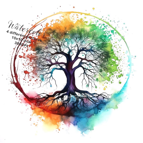 Tree of life watercolor print digital download room decor adorable wildlife giant tree 4 high quality watercolor JPGs commercial use