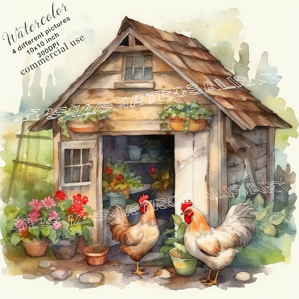 Hen house chicken coop watercolor print digital download, 4 high quality watercolor JPGs commercial use