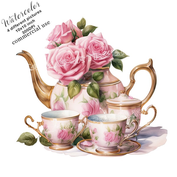 Vintage Tea Set With Roses 4 High Quality Watercolor JPGs Clipart Digital Download Commercial Use Fairy Tale Journaling Scrapbook