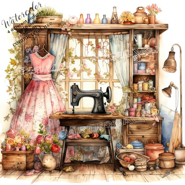 Vintage Shabby Chic Sewing Room 4 High Quality Watercolor JPGs Digital Download Commercial Use, Journaling, Scrapbooking