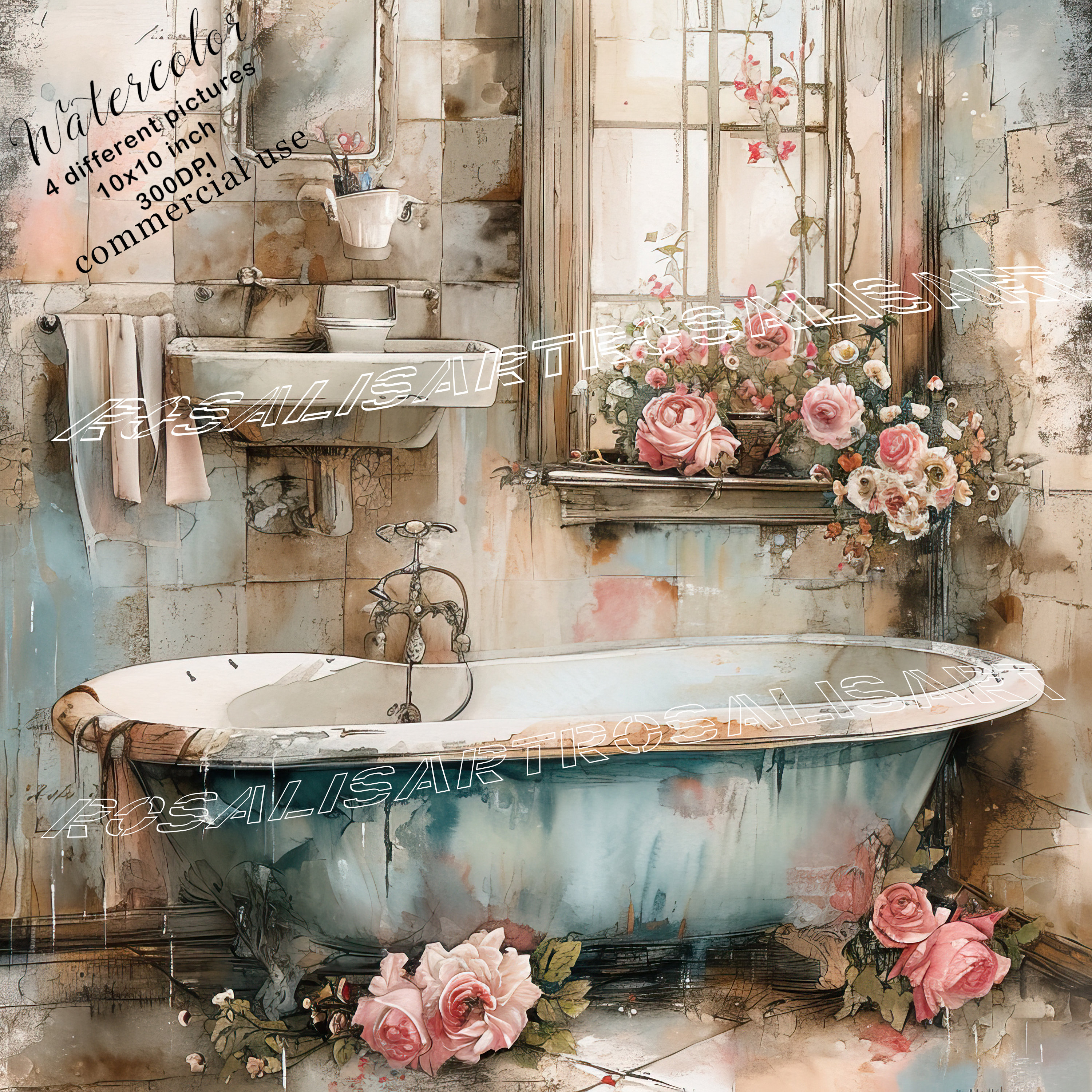 Shabby Chic Bathroom Clipart Bundle 4 High Quality Watercolor Jpgs ...