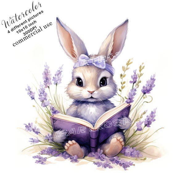 Adorable Bunny with Book and Lavender Clipart Bundle 4 High Quality Watercolor JPGs Clipart Digital Download Commercial Use Funny Baby Bunny