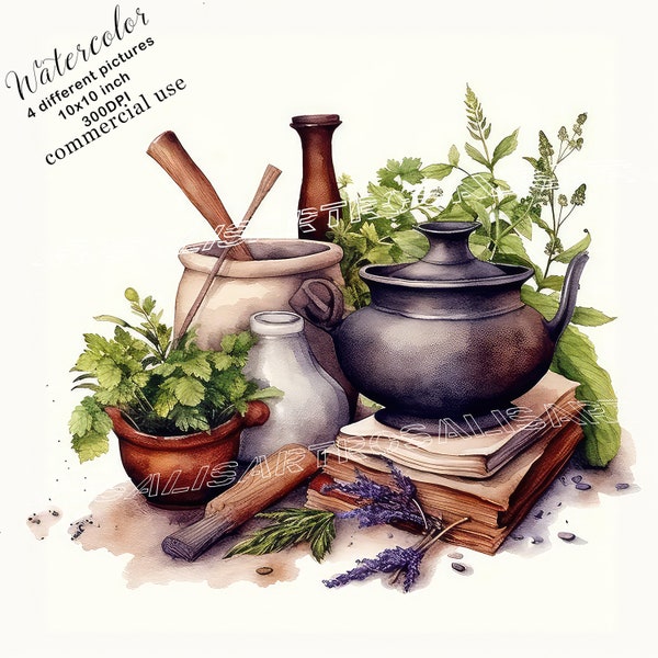 Witch's potions mortar and pestle with herbs watercolor print digital download witchy art 4 high quality watercolor JPGs commercial use