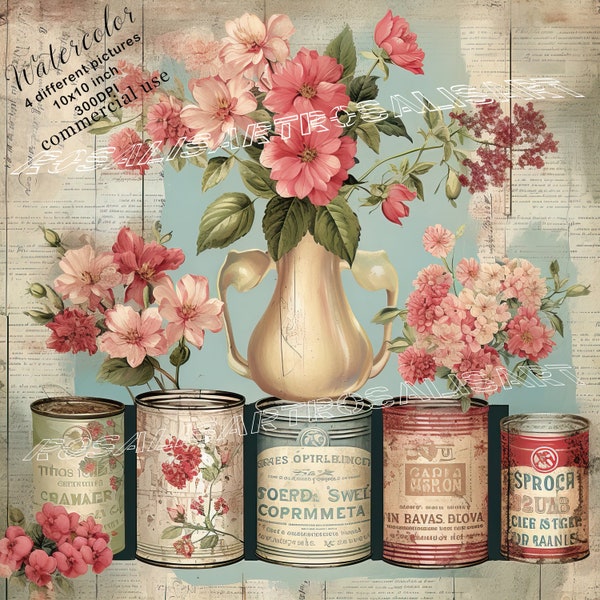 Shabby Chic Retro Cans and Flowers 4 High Quality Watercolor JPGs Clipart Digital Download Commercial Use Craft Journaling Scrapbook Supply