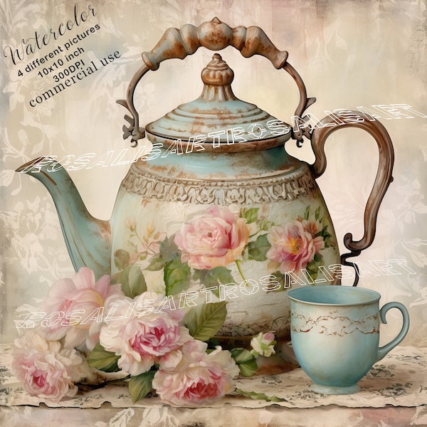 Shabby Chic Retro Tea Kettle with Roses High Quality Watercolor Clipart Bundle JPGs Digital Download Commercial Use Scrapbooking Decoupage