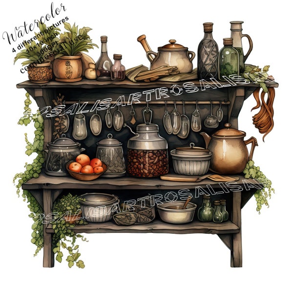 Vintage Kitchen Clutter Digital Download 4 High Quality Watercolor JPGs Commercial Use