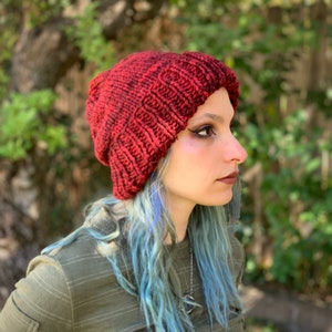 Handknit slouchy red wool beanie