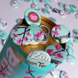 AriZona Green Tea Cherry Blossom 5 pack or Single Mystery Pin Back Buttons 25mm Repurposed Bottle Wrap RTS
