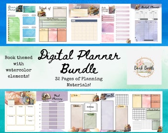 Watercolor Book-Themed Digital Planner: Undated Weekly/Monthly Layouts (Digital Download)