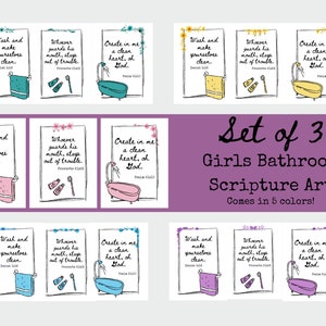 May include: A set of three Girls Bathroom Scripture Art prints, each with a different colour scheme. The prints feature bathroom-related illustrations and inspirational quotes from the Bible. The text includes Bible verses.
