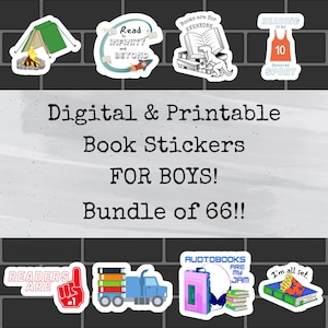 以下が含まれることがあります： 男の子向けのデジタル＆印刷可能なブックステッカー66個セット。ステッカーは、キャンプ、宇宙、スポーツ、オーディオブックなど、読書に関連するさまざまなテーマを特徴としています。1つのステッカーには「無限の彼方まで読む」というテキストが書かれています。別のステッカーには、「本はすべての人に」というテキストが書かれた本が描かれています。