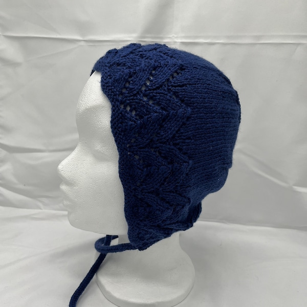 Navy lace bonnet hat, adult, hand knitted