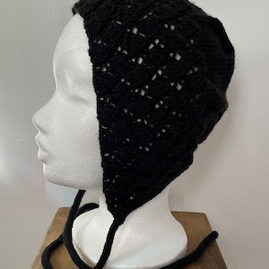 Black lace bonnet, adult, hand knitted