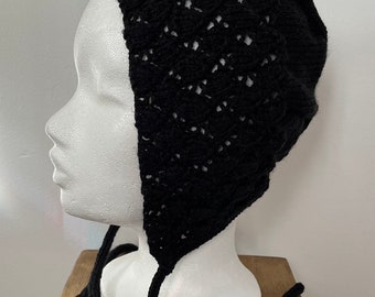 Black lace bonnet, adult, hand knitted