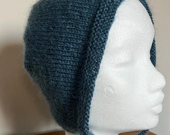Blue mohair wool hand knitted adult bonnet hat, cottagecore hat,