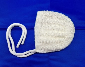 White lace baby bonnet, hand knitted