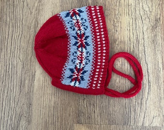 Red fair isle bonnet, hand knitted, 2-3 year old