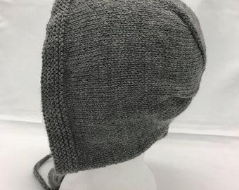 Hand knitted grey adult bonnet hat, all season hat