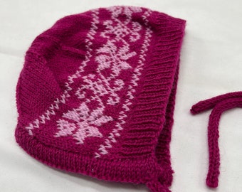 Pink fair isle bonnet, hand knitted
