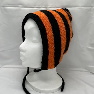 Orange striped pixie bonnet hat, adult, hand knitted