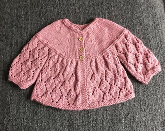 Vintage style pink cardigan with leaf design, size 6 months, hand knitted