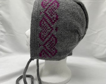 Grey and pink bonnet hat, adult, hand knitted