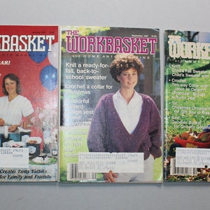 May include: Three copies of The Workbasket magazine, a home arts magazine. The January 1987 issue features a woman crocheting a beaded sweater. The September 1987 issue features a woman wearing a purple sweater. The November 1987 issue features a young boy wearing a blue sweater and holding a basket of gourds.